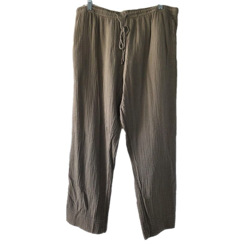 Dylan Pull On Pants Woman’s L Crinkle Cotton Olive Drawstring Pocket Cropped